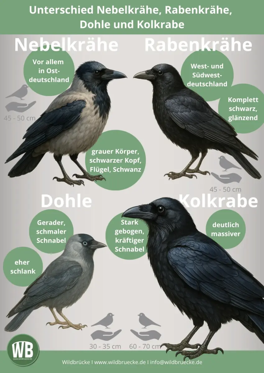 Unterschied Nebelkrähe, Rabenkrähe, Dohle und Kolkrabe