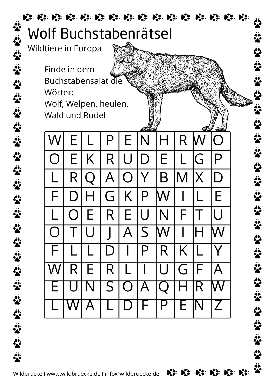 Arbeitsblatt Buchstabenrätsel Wolf für die Grundschule - Wildtiere in Europa