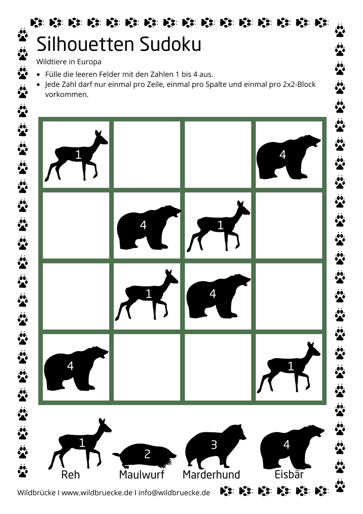 Silhouetten Sudoku Reh,Maulwurf, Marderhund und Eisbär - Wildtiere in Europa